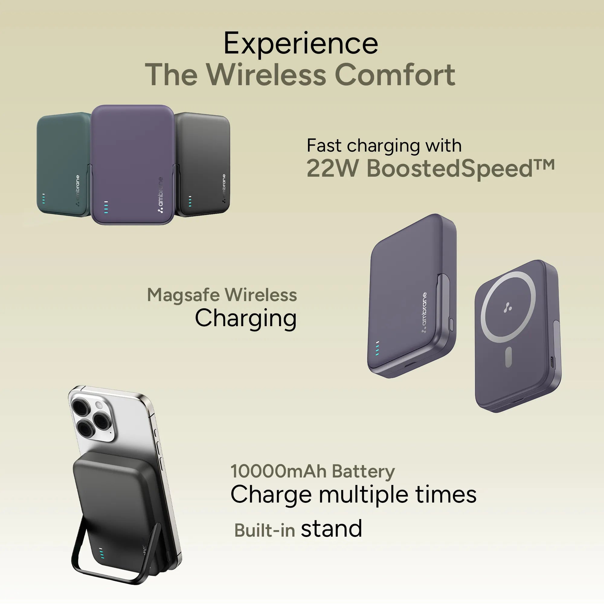 10000mAh Magsafe Wireless Power Bank with Mobile Stand Features - Ambrane India